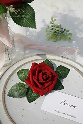 Artificial Flowers 25pcs Real Looking Dark Red Ombre Colors Foam Fake Roses with Stems for DIY Wedding Bouquets, alternate