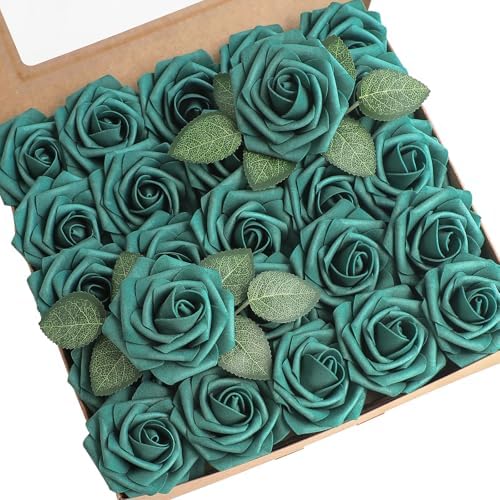 Artificial Flowers 25pcs Real Looking Dark Teal Foam Fake Roses with Stems for DIY Wedding Bouquets Bridal