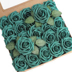 Artificial Flowers 25pcs Real Looking Dark Teal Foam Fake Roses with Stems for DIY Wedding Bouquets Bridal