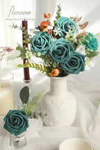Artificial Flowers 25pcs Real Looking Dark Teal Foam Fake Roses with Stems for DIY Wedding Bouquets Bridal, alternate view 2