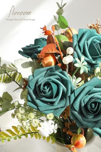 Artificial Flowers 25pcs Real Looking Dark Teal Foam Fake Roses with Stems for DIY Wedding Bouquets Bridal, alternate view 3