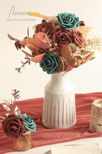 Artificial Flowers 25pcs Real Looking Dark Teal Foam Fake Roses with Stems for DIY Wedding Bouquets Bridal, alternate view 6