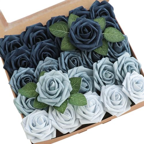 Artificial Flowers 25pcs Real Looking Dusty Blue Ombre Colors Foam Fake Roses with Stems for DIY Wedding