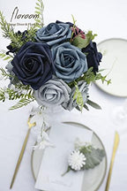 Artificial Flowers 25pcs Real Looking Dusty Blue Ombre Colors Foam Fake Roses with Stems for DIY Wedding, alternate view 2