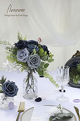 Artificial Flowers 25pcs Real Looking Dusty Blue Ombre Colors Foam Fake Roses with Stems for DIY Wedding, alternate view 3