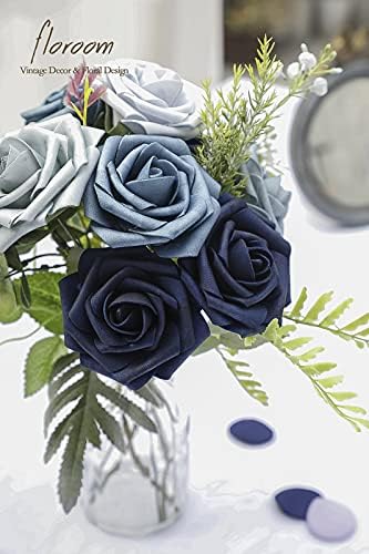 Artificial Flowers 25pcs Real Looking Dusty Blue Ombre Colors Foam Fake Roses with Stems for DIY Wedding, alternate view 5