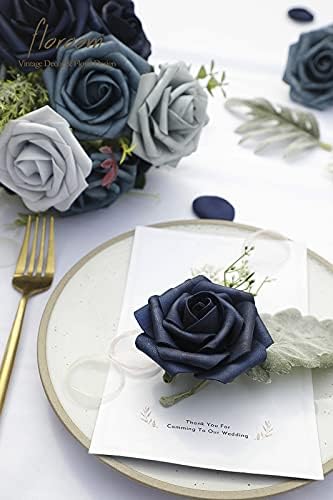 Artificial Flowers 25pcs Real Looking Dusty Blue Ombre Colors Foam Fake Roses with Stems for DIY Wedding, alternate view 6