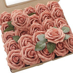 Artificial Flowers 25pcs Real Looking Dusty Pinky Cedar Foam Fake Roses with Stems for DIY Wedding Bouquets