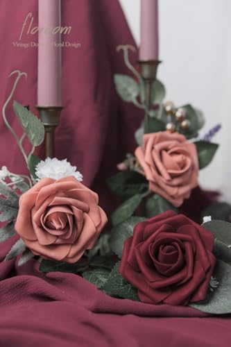 Artificial Flowers 25pcs Real Looking Dusty Pinky Cedar Foam Fake Roses with Stems for DIY Wedding Bouquets, alternate view 4