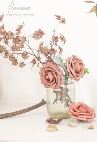 Artificial Flowers 25pcs Real Looking Dusty Pinky Cedar Foam Fake Roses with Stems for DIY Wedding Bouquets, alternate view 5