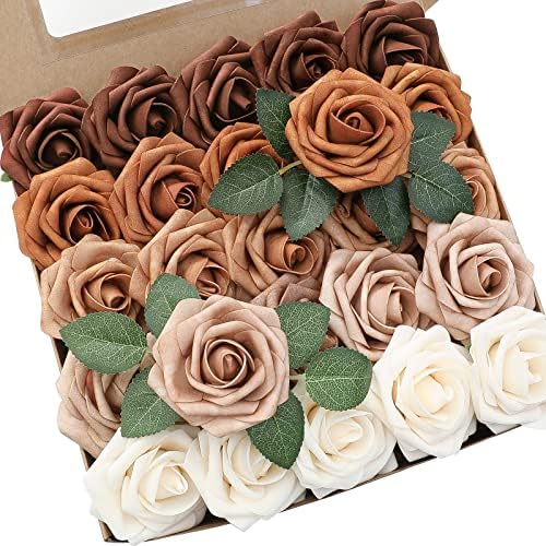 Artificial Flowers 25pcs Real Looking Earth Tones Ombre Colors Foam Fake Roses with Stems for DIY Wedding