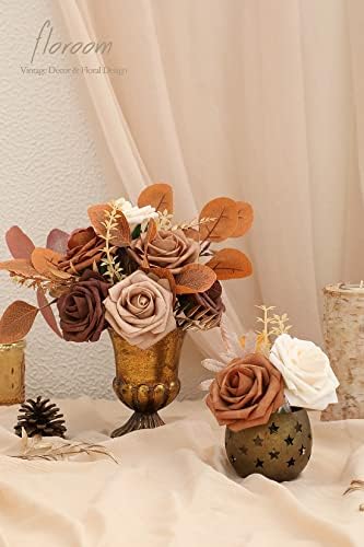 Artificial Flowers 25pcs Real Looking Earth Tones Ombre Colors Foam Fake Roses with Stems for DIY Wedding, alternate view 2