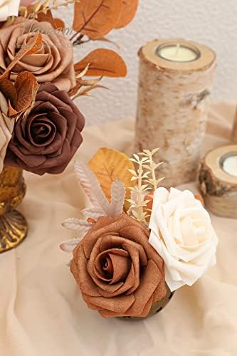 Artificial Flowers 25pcs Real Looking Earth Tones Ombre Colors Foam Fake Roses with Stems for DIY Wedding, alternate view 3