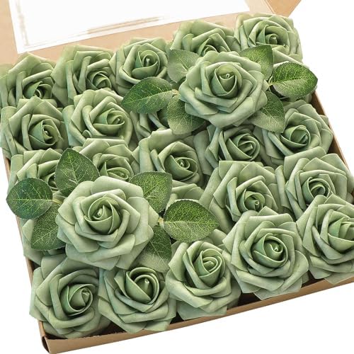 Artificial Flowers 25pcs Real Looking Elf Green Foam Fake Roses with Stems for DIY Wedding Bouquets Bridal