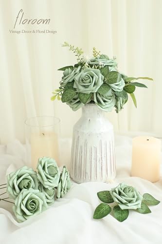 Artificial Flowers 25pcs Real Looking Elf Green Foam Fake Roses with Stems for DIY Wedding Bouquets Bridal, alternate view 2