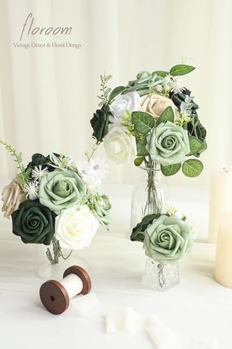 Artificial Flowers 25pcs Real Looking Elf Green Foam Fake Roses with Stems for DIY Wedding Bouquets Bridal, alternate view 4