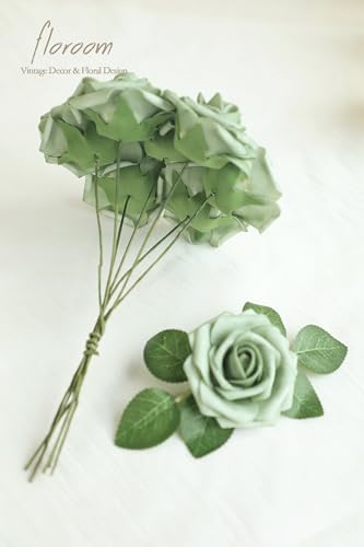 Artificial Flowers 25pcs Real Looking Elf Green Foam Fake Roses with Stems for DIY Wedding Bouquets Bridal, alternate view 6