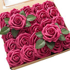 Artificial Flowers 25pcs Real Looking Fuchsia Foam Fake Roses with Stems for DIY Wedding Bouquets Bridal Shower