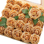 Artificial Flowers 25pcs Real Looking Gold Foam Fake Roses with Stems for DIY Wedding Bouquets Bridal Shower