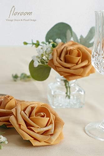 Artificial Flowers 25pcs Real Looking Gold Foam Fake Roses with Stems for DIY Wedding Bouquets Bridal Shower, alternate view