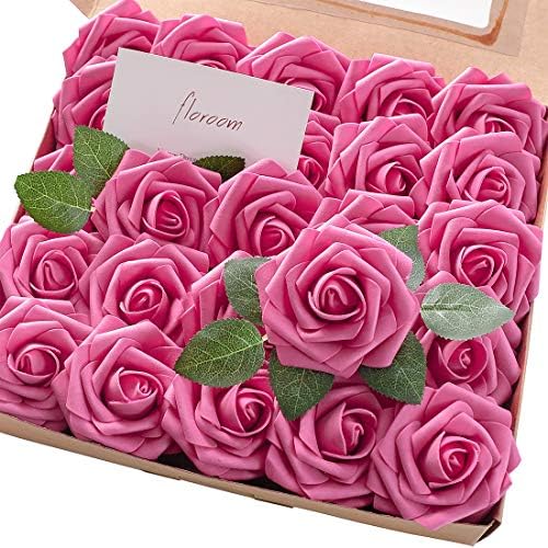 Artificial Flowers 25pcs Real Looking Hot Pink Foam Fake Roses with Stems for DIY Wedding Bouquets Bridal Shower