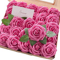 Artificial Flowers 25pcs Real Looking Hot Pink Foam Fake Roses with Stems for DIY Wedding Bouquets Bridal Shower