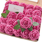 Artificial Flowers 25pcs Real Looking Hot Pink Foam Fake Roses with Stems for DIY Wedding Bouquets Bridal Shower