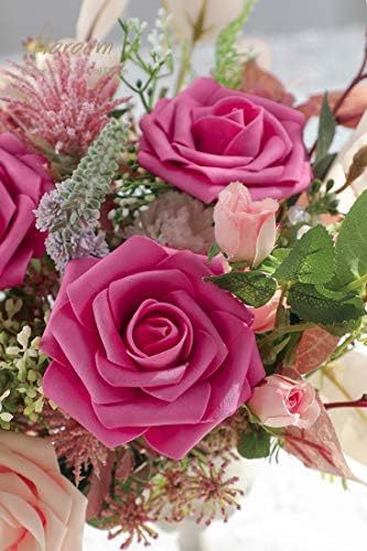 Artificial Flowers 25pcs Real Looking Hot Pink Foam Fake Roses with Stems for DIY Wedding Bouquets Bridal Shower, alternate