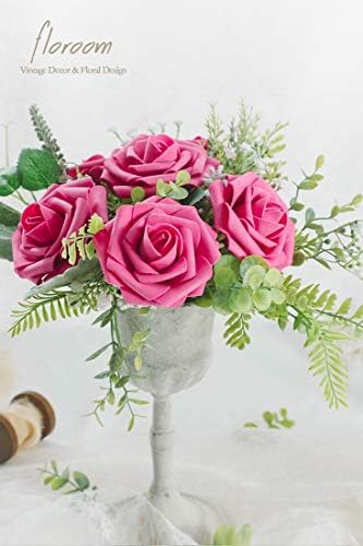 Artificial Flowers 25pcs Real Looking Hot Pink Foam Fake Roses with Stems for DIY Wedding Bouquets Bridal Shower, alternate