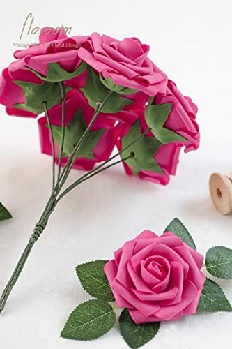 Artificial Flowers 25pcs Real Looking Hot Pink Foam Fake Roses with Stems for DIY Wedding Bouquets Bridal Shower, alternate