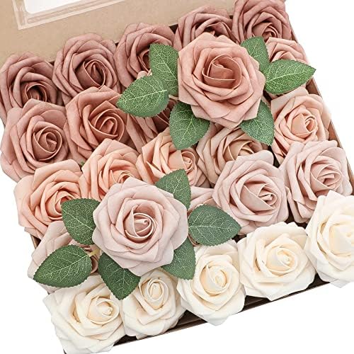 Artificial Flowers 25pcs Real Looking Morandi Peach Ombre Colors Foam Fake Roses with Stems for DIY Wedding