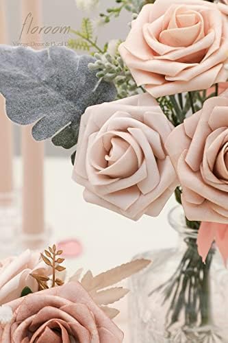 Artificial Flowers 25pcs Real Looking Morandi Peach Ombre Colors Foam Fake Roses with Stems for DIY Wedding, alternate view 2