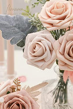 Artificial Flowers 25pcs Real Looking Morandi Peach Ombre Colors Foam Fake Roses with Stems for DIY Wedding, alternate view 2