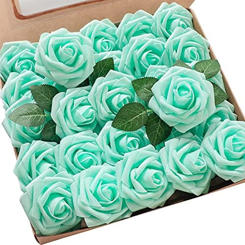 Artificial Flowers 25pcs Real Looking Robin's Egg Blue Foam Fake Roses with Stems for DIY Wedding Bouquets Baby