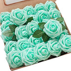 Artificial Flowers 25pcs Real Looking Robin's Egg Blue Foam Fake Roses with Stems for DIY Wedding Bouquets Baby