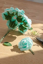 Artificial Flowers 25pcs Real Looking Robin's Egg Blue Foam Fake Roses with Stems for DIY Wedding Bouquets Baby, alternate