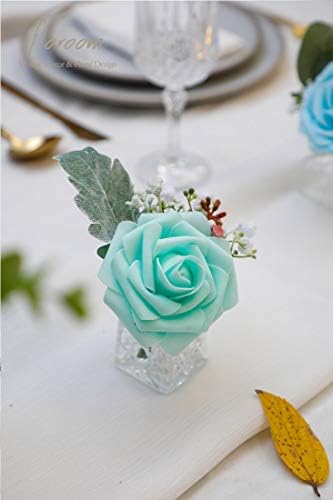 Artificial Flowers 25pcs Real Looking Robin's Egg Blue Foam Fake Roses with Stems for DIY Wedding Bouquets Baby, alternate