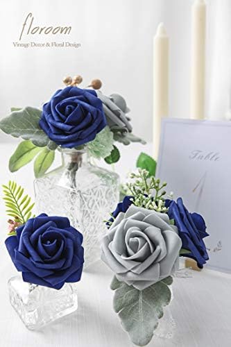 Artificial Flowers 25pcs Real Looking Royal Blue Foam Fake Roses with Stems for DIY Table Centerpieces Party, alternate view