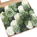Artificial Flowers 25pcs Real Looking Sage Green & Emerald Green Foam Fake Roses with Stems for DIY Wedding