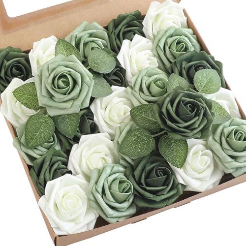 Artificial Flowers 25pcs Real Looking Sage Green & Emerald Green Foam Fake Roses with Stems for DIY Wedding