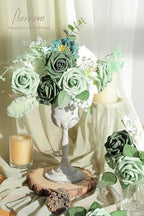 Artificial Flowers 25pcs Real Looking Sage Green & Emerald Green Foam Fake Roses with Stems for DIY Wedding, alternate view 2