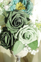 Artificial Flowers 25pcs Real Looking Sage Green & Emerald Green Foam Fake Roses with Stems for DIY Wedding, alternate view 3
