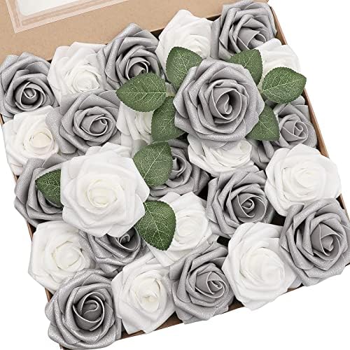 Artificial Flowers 25pcs Real Looking Shimmer Silver Grey Foam Fake Roses with Stems for DIY Christmas Ornaments