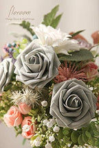 Artificial Flowers 25pcs Real Looking Shimmer Silver Grey Foam Fake Roses with Stems for DIY Christmas Ornaments, alternate