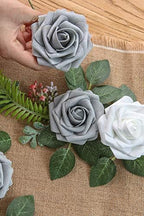 Artificial Flowers 25pcs Real Looking Shimmer Silver Grey Foam Fake Roses with Stems for DIY Christmas Ornaments, alternate