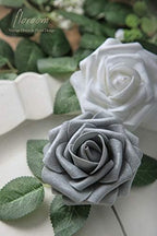Artificial Flowers 25pcs Real Looking Shimmer Silver Grey Foam Fake Roses with Stems for DIY Christmas Ornaments, alternate