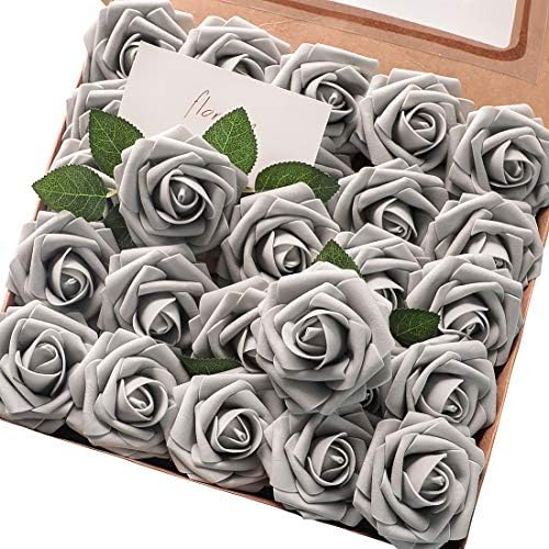 Artificial Flowers 25pcs Real Looking Silver Grey Foam Fake Roses with Stems for DIY Wedding Bouquets Bridal