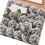 Artificial Flowers 25pcs Real Looking Silver Grey Foam Fake Roses with Stems for DIY Wedding Bouquets Bridal