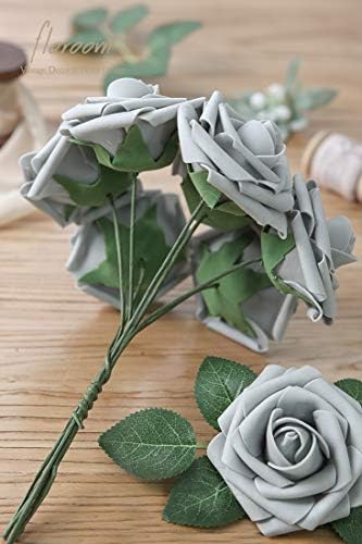 Artificial Flowers 25pcs Real Looking Silver Grey Foam Fake Roses with Stems for DIY Wedding Bouquets Bridal, alternate view