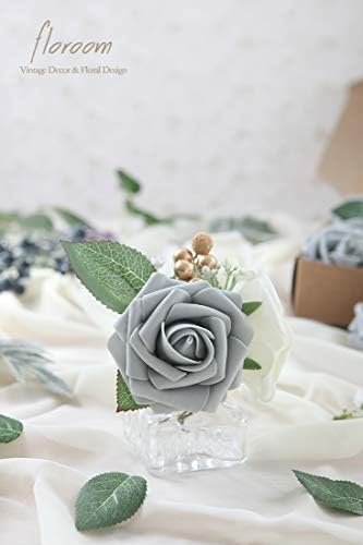 Artificial Flowers 25pcs Real Looking Silver Grey Foam Fake Roses with Stems for DIY Wedding Bouquets Bridal, alternate view